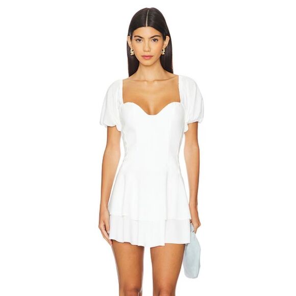 NWT SNDYS Barcelona Dress white mini puff sleeve Revolve M - Picture 1 of 9